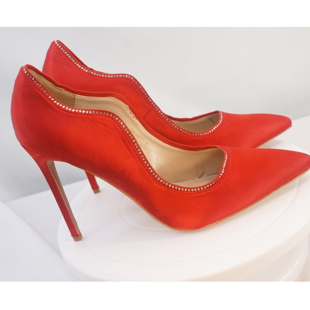 Lulus Galanty Red Satin Rhinestone Scalloped Pointed Toe Stiletto Pumps Size 9